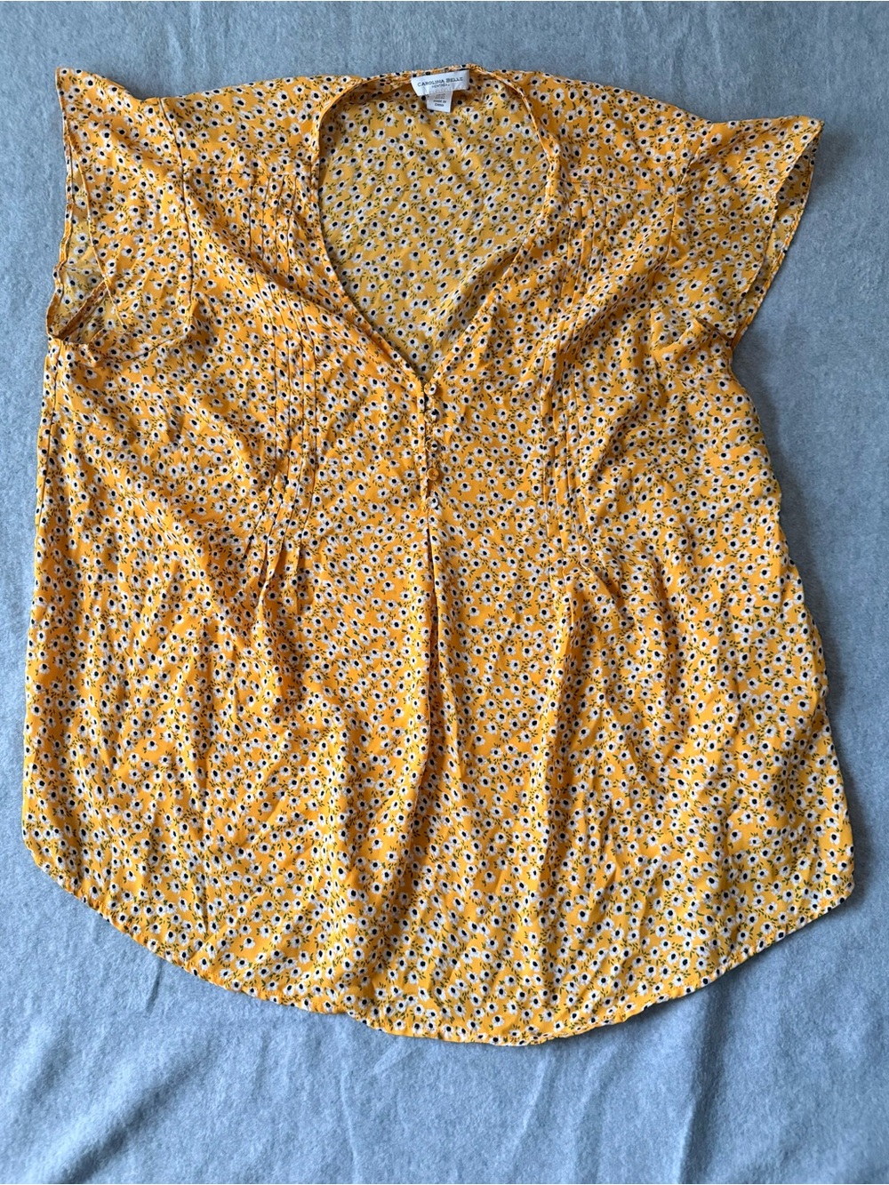 Carolina Belle Women’s Plus 1X Yellow Floral Blouse V-Neck Cap Sleeve Top